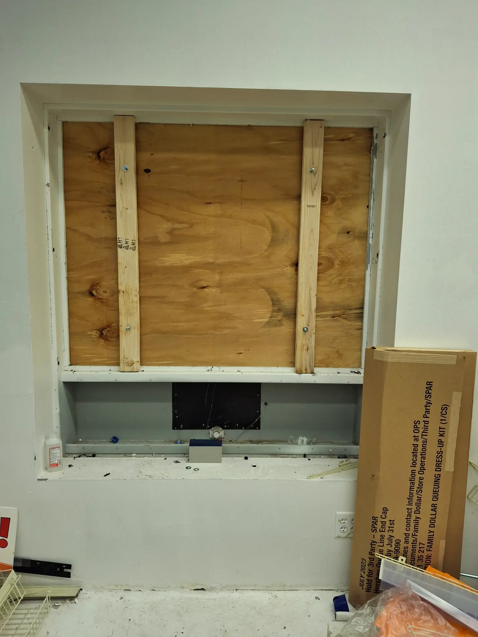 Interior framing and plywood blocking installed during commercial board-up